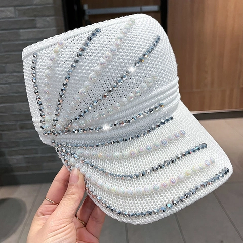 Cappellino da Baseball in Maglia Senza Cupola da Donna Con Perla Artificiale e Strass Visiera parasole per Spiaggia Estiva