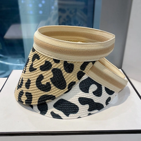 Women Leopard Print Straw Sun Hat Fashion Open Top Visor Adjustable Elastic Band Summer Beach Accessories For Travel Outdoor