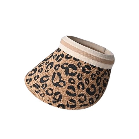 Women Leopard Print Straw Sun Hat Fashion Open Top Visor Adjustable Elastic Band Summer Beach Accessories For Travel Outdoor