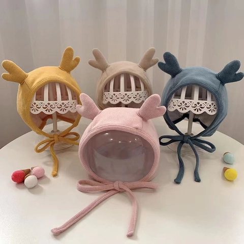 Baby Knit Ear Protection Hat With Antler Decor Acrylic Winter Warm Infant Bonnet With Straps For Boys Girls Daily Use