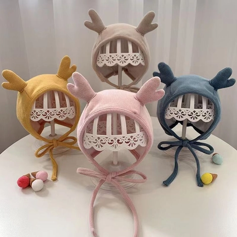 Baby Knit Ear Protection Hat With Antler Decor Acrylic Winter Warm Infant Bonnet With Straps For Boys Girls Daily Use