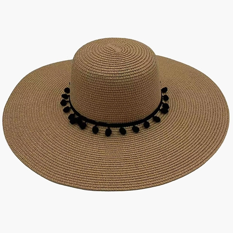 Damen Breitrandiger Strohhut Strand Sonnenschutz Sommer Urlaubshut Mit Schwarzer Bommel Verzierung Atmungsaktiver Khaki Beige Strohhut