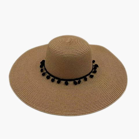 Damen Breitrandiger Strohhut Strand Sonnenschutz Sommer Urlaubshut Mit Schwarzer Bommel Verzierung Atmungsaktiver Khaki Beige Strohhut