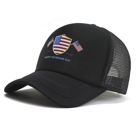 Happy Veterans Day American Flag Print Mesh Trucker Hat For Men Women Polyester Snapback Baseball Cap Outdoor Sun Hat