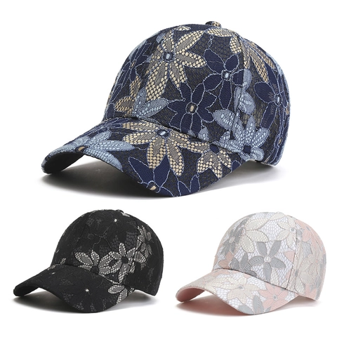 Femmes Mode Dentelle Casquette de Baseball Fleurs Ajouré Respirant Chapeau de Soleil Réglable Été Mesh Casquette Bec de Canard
