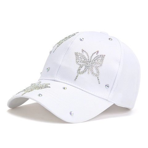 Casquette de Baseball Papillon en Strass pour Femmes Hommes Bord Incurvé Chapeau en Polyester Protection Solaire Mode