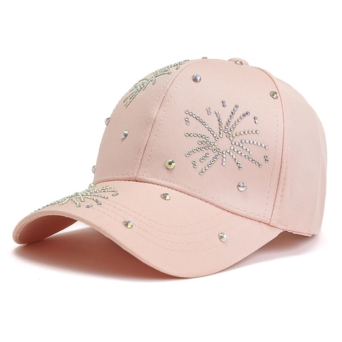 Dames Mode Polyester Baseball Cap Glinsterende Strass Bloem Patroon Ademend Zonbescherming Outdoor Hat