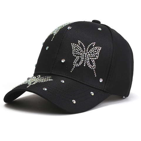 Casquette de Baseball Papillon en Strass pour Femmes Hommes Bord Incurvé Chapeau en Polyester Protection Solaire Mode