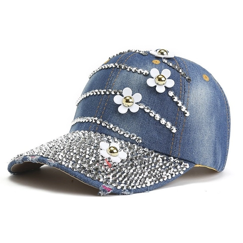 Berretto da Baseball in Cotone con Strass da Donna Fiore 3D Intarsiato Moda Distressed Cappello da Sole Outdoor Estate Regolabile