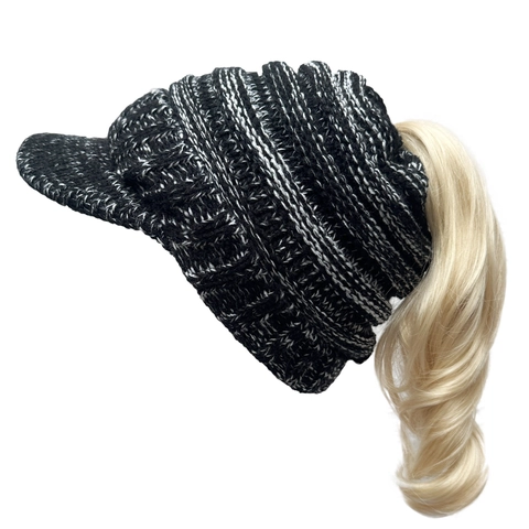Women Ponytail Beanie Hat With Visor Warm Acrylic Knit Winter Hat Fleece Lined Messy High Bun Cap Outdoor Sport Headwear