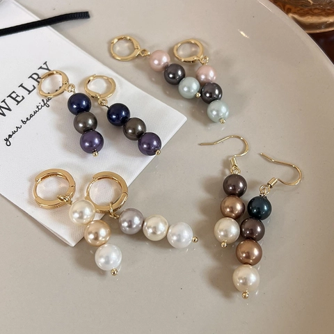 Vintage French Style Shell Artificial Pearl Drop Earrings For Women Elegant Alloy Gradient Round Beaded Jewelry Gift Daily Wear