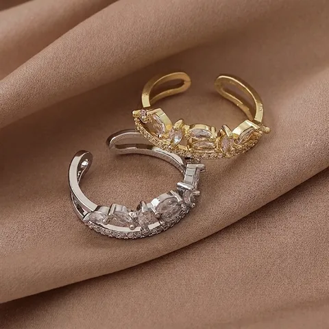 Bague Ouverte de Luxe en Cuivre Zircone Double Couche Feuille Marquise Couronne Réglable pour Femmes Mariage Fête Cadeaux