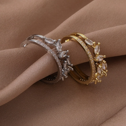 Bague Ouverte de Luxe en Cuivre Zircone Double Couche Feuille Marquise Couronne Réglable pour Femmes Mariage Fête Cadeaux