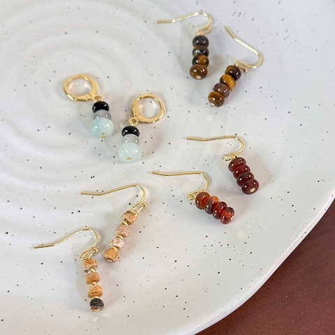 Vintage Natural Stone Beaded Drop Earrings For Women Retro Tiger Eye Agate Handmade Dangle Earrings Jewelry Gift