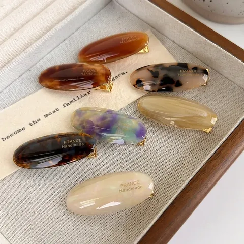French Vintage Oval Acetate Hair Clip For Women Handmade Marble Tortoiseshell Duckbill Clip Small Bangs Side Clip Hair Accessory