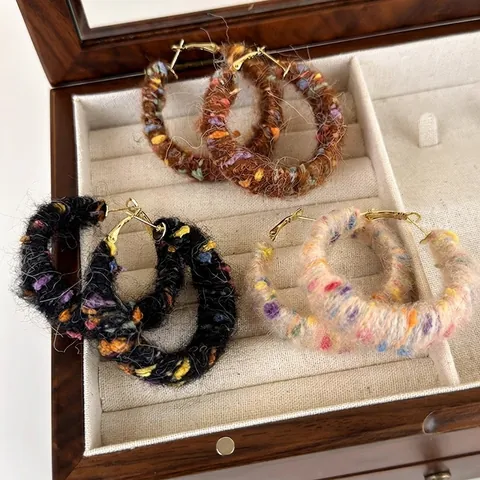 Large Colorful Wool Yarn Wrapped Hoop Earrings With 925 Sterling Silver Earring Post Vintage Winter Jewelry For Women