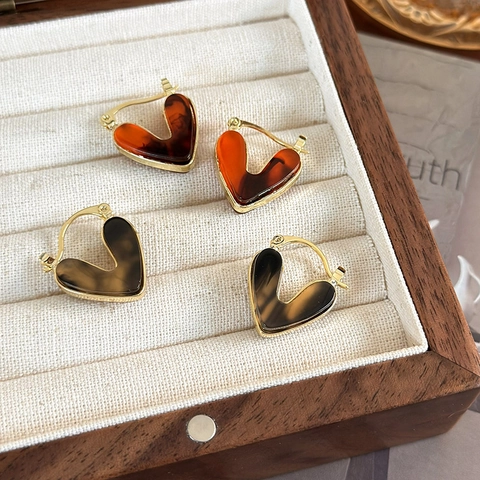 Pendientes de Aro de Corazón de Resina y Cobre Chapados en Oro Vintage Para Mujer Joyería de Hebilla de Oreja Retro de Carey
