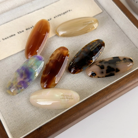 French Vintage Oval Acetate Hair Clip For Women Handmade Marble Tortoiseshell Duckbill Clip Small Bangs Side Clip Hair Accessory