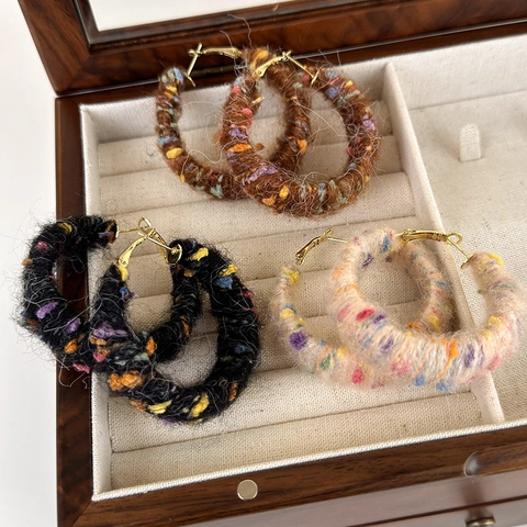 Large Colorful Wool Yarn Wrapped Hoop Earrings With 925 Sterling Silver Earring Post Vintage Winter Jewelry For Women
