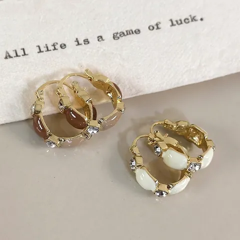 French Vintage Alloy Enamel Hoop Earrings With Rhinestones Minimalist Light Luxury Geometric Round Huggie Earrings For Women