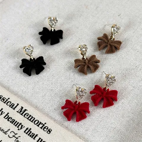 Pendientes de Lazo de Terciopelo de Corazón de Strass de Aleación Vintage Joyas Dulces para Mujer Accesorios de Citas