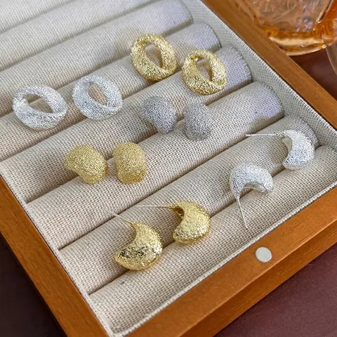 Pendientes de Botón de Cobre Geométricos Vintage Textura Martillada Esmerilada Minimalistas Oro Plata para Mujer Joyería de Moda