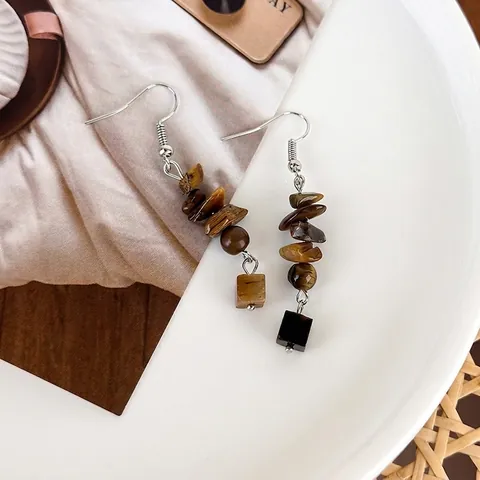 Handmade Tiger Eye Stone Beaded Drop Earrings Vintage Ethnic Irregular Natural Stone Geometric Hook Earrings For Women Decor
