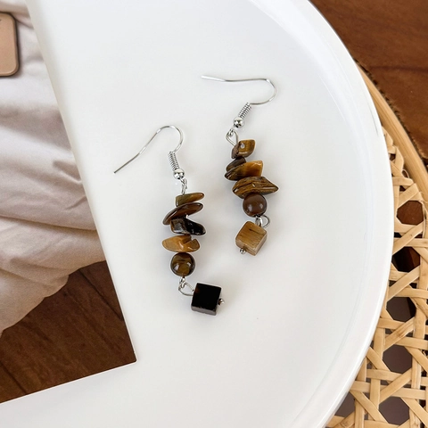 Handmade Tiger Eye Stone Beaded Drop Earrings Vintage Ethnic Irregular Natural Stone Geometric Hook Earrings For Women Decor