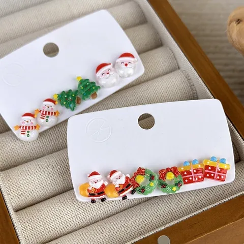 Christmas Stud Earrings Santa Claus Snowman Christmas Tree Wreath Gift Box Resin Copper Earrings Holiday Jewelry For Women