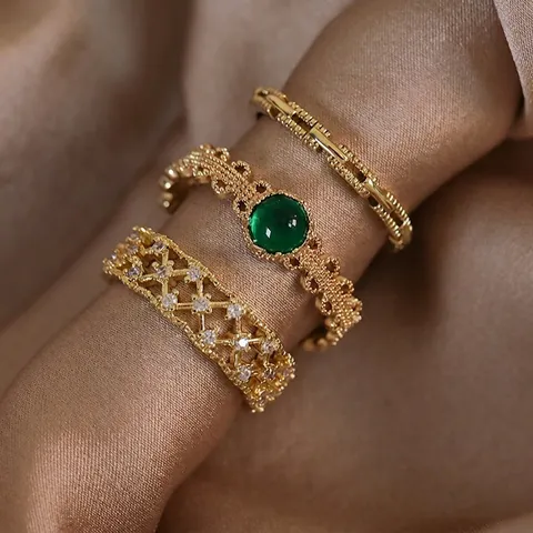 Anello Aperto Regolabile con Gemma Verde Smeraldo Vintage per Donna in Rame Placcato Oro con Strass Griglia Catena Geometrica Gioielli Regalo
