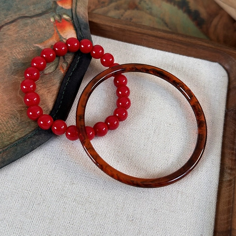 Set Braccialetto con Perline in Resina Vintage e Bracciale Rigido Tartarugato Donna Regalo Capodanno Gioielli Rossi Etnici