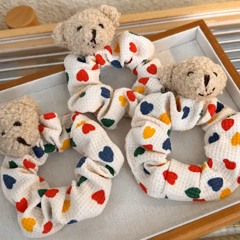 Coletero De Tela De Gofre Con Oso De Peluche Y Estampado De Corazones Goma Elástica Hecha A Mano Para Mujeres Niñas Accesorios Para El Cabello Kawaii