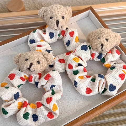 Coletero De Tela De Gofre Con Oso De Peluche Y Estampado De Corazones Goma Elástica Hecha A Mano Para Mujeres Niñas Accesorios Para El Cabello Kawaii