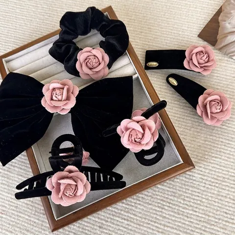 Schwarze Samt Rosa Kamelie Haarspangen Für Damen Elegante Schleife Haargummis Scrunchies Haarkrallen Vintage Haarschmuck