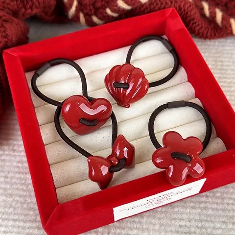 Red Resin Shell Heart Bow Hair Ties For Women Girls Korean Style Elastic Hair Bands Festive New Year Hair Accessories