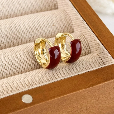 Orecchini a Cerchio in Rame e Smalto Rosso Vintage per Donna Minimalisti Geometrici Placcati Oro Gioielli Autunno Inverno Regalo