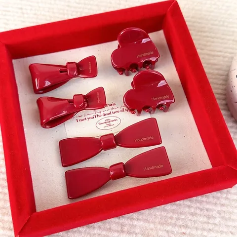 Fermaglio Per Capelli Fiocco Rosso Pinza A Cuore Resina Handmade Scritta Dorata Accessori Capelli Capodanno Donna Ragazza