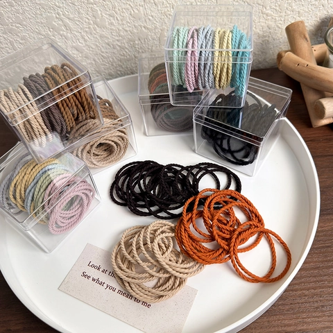 Assorted Colors High Elasticity Spiral Texture Fabric Hair Ties With Transparent Container Minimalist Korean Style Durable Hair Accessories For Women