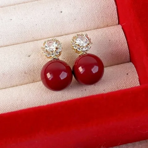 Pendientes de Botón con Perlas Artificiales Rojas de Imitación y Circón Vintage Francés Elegante de Cobre Chapado en Oro para Mujer