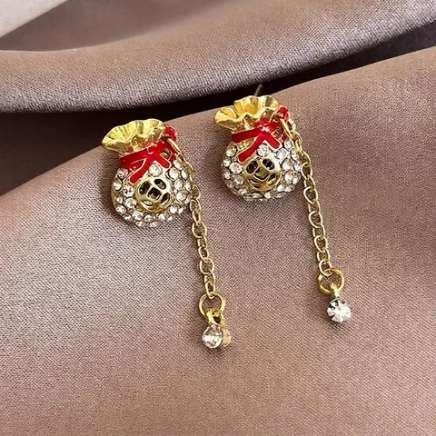 Vintage Gold Lucky Bag Drop Earrings With Rhinestone Red Enamel Bow Tassel Money Bag Jewelry For Women Festive Party