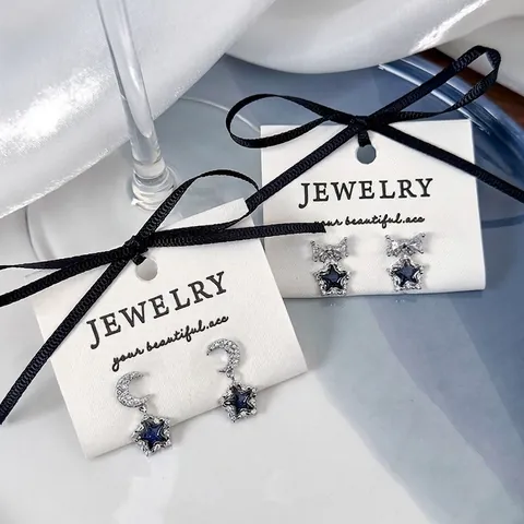 Boucles d'Oreilles en Cuivre Style Coréen Femme Étoile Bleu Foncé Lune Nœud Clous d'Oreilles Strass Perle Artificielle Bijoux
