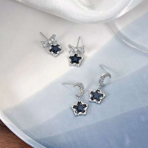 Boucles d'Oreilles en Cuivre Style Coréen Femme Étoile Bleu Foncé Lune Nœud Clous d'Oreilles Strass Perle Artificielle Bijoux