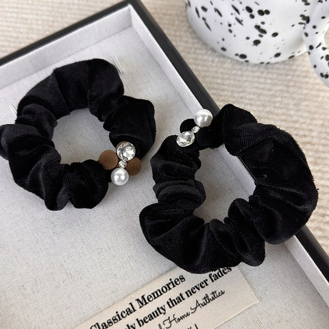 Elegante Scrunchie in Velluto Con Perla Artificiale E Strass Elastico per Capelli Stile Retrò Francese per Donna