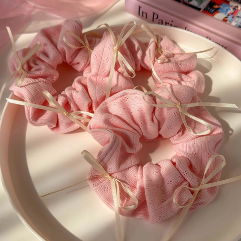 Elastico per Capelli Scrunchie in Maglia Rosa Con Fiocco in Nastro Crema per Donna Ragazza Accessori per Capelli Morbidi