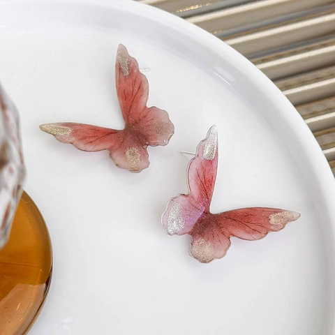 Boucles d'Oreilles Clous Papillon en Résine Rose Dégradé Style Doux Coréen Avec Détails Pailletés Or pour Femme
