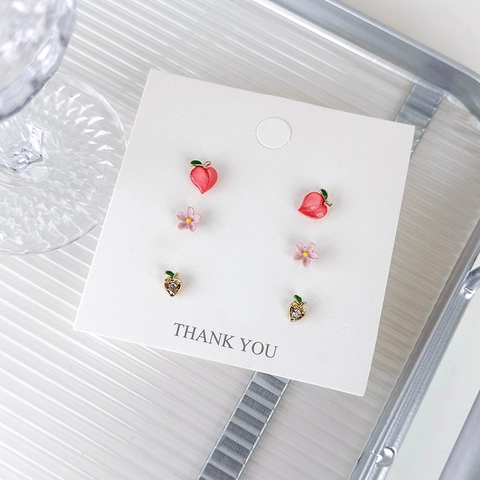 Koreanische Süße Rosa Pfirsich Blume Herz Ohrstecker Set 3 Paar Legierung Emaille Strass Harzstift Ohrringe Für Damen