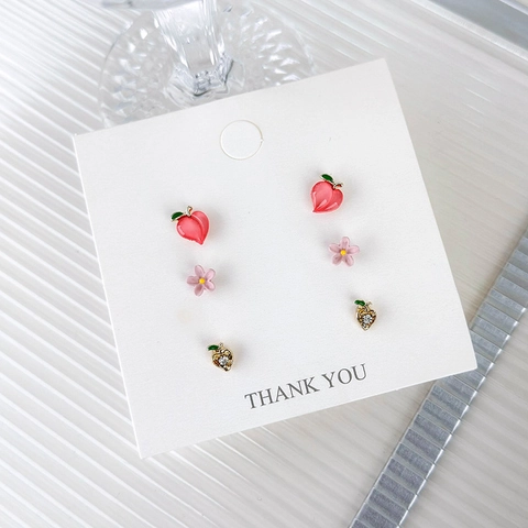 Set di Orecchini a Lobo Coreani Rosa Pesca Fiore Cuore 3 Paia in Lega Smaltati con Strass Perno in Resina per Donna