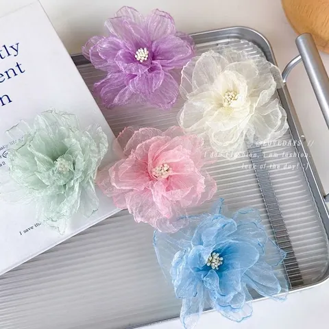 Sweet Large Mesh Organza Flower Hair Clip Handmade Artificial Pearl Duckbill Side Clip Elegant 3D Floral Hair Accessories For Women Wedding