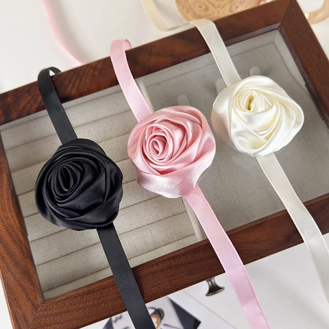 French Vintage Satin Rose Flower Choker Necklace For Women Elegant Ribbon Tie Long Necklace Wedding Party Accessories
