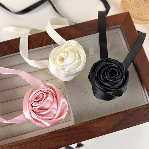 French Vintage Satin Rose Flower Choker Necklace For Women Elegant Ribbon Tie Long Necklace Wedding Party Accessories